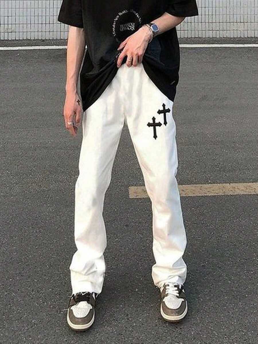 Manfinity Roghcode Loose Fit Men's Cross Print Casual Sweatpants - White - View 1