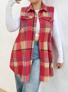 Calvaya Plus Plaid Print Flap Detail Sleeveless Coat - Multicolor - View 5