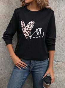 SHEIN LUNE Women's Leopard Print Heart Pattern Long Sleeve Sweatshirt - Black - View 5