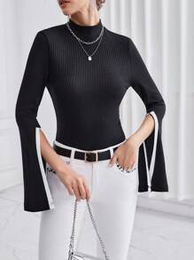 SHEIN Privé 對比邊飾立領分裂鈴形袖t卹 - 黑與白 - 查看 4