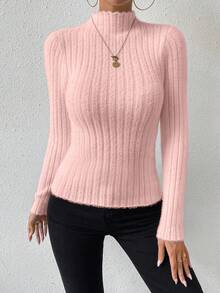 SHEIN Essnce 立領純色套頭毛衣 - 粉色 - 查看 6