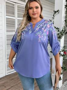 EMERY ROSE Plus Floral Print Notched Neckline Blouse - Blue - View 3