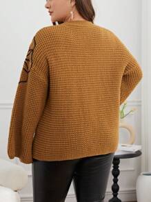 SHEIN Privé Plus Size Flower Pattern Drop Shoulder Pullover Sweater - Khaki - View 2