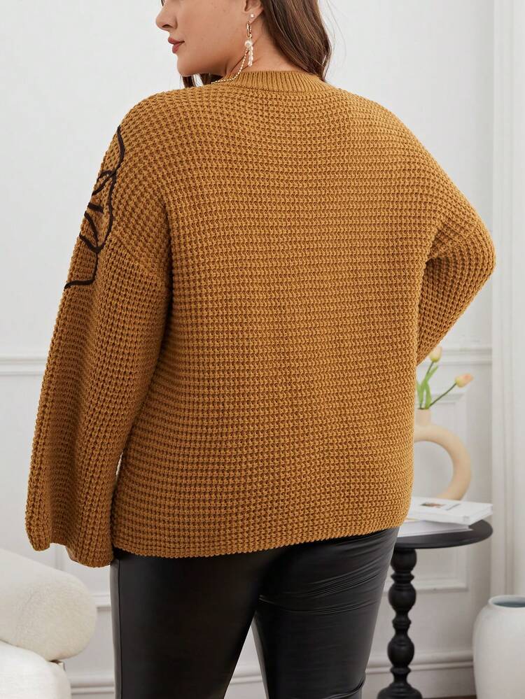 Plus Size Flower Pattern Drop Shoulder Pullover Sweater