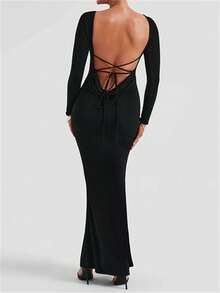 女士纯色圆领长袖挂脖连衣裙 - 黑色 - 查看 2