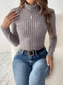 SHEIN Essnce Áo thun nữ Gân đan màu trơn Giải trí - Màu Xám nhạt - Xem 5