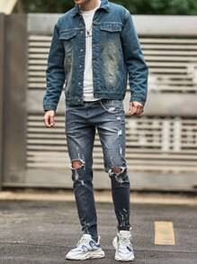 Manfinity Homme Men Bleach Wash Thermal Lined Denim Jacket - Bronze - View 3