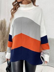 SHEIN Frenchy Color Block Turtleneck Batwing Sleeve Sweater - White - View 6