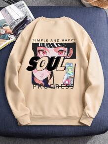 男士動漫角色和字母印花保暖毛絨衣 - 卡其色 - 查看 1