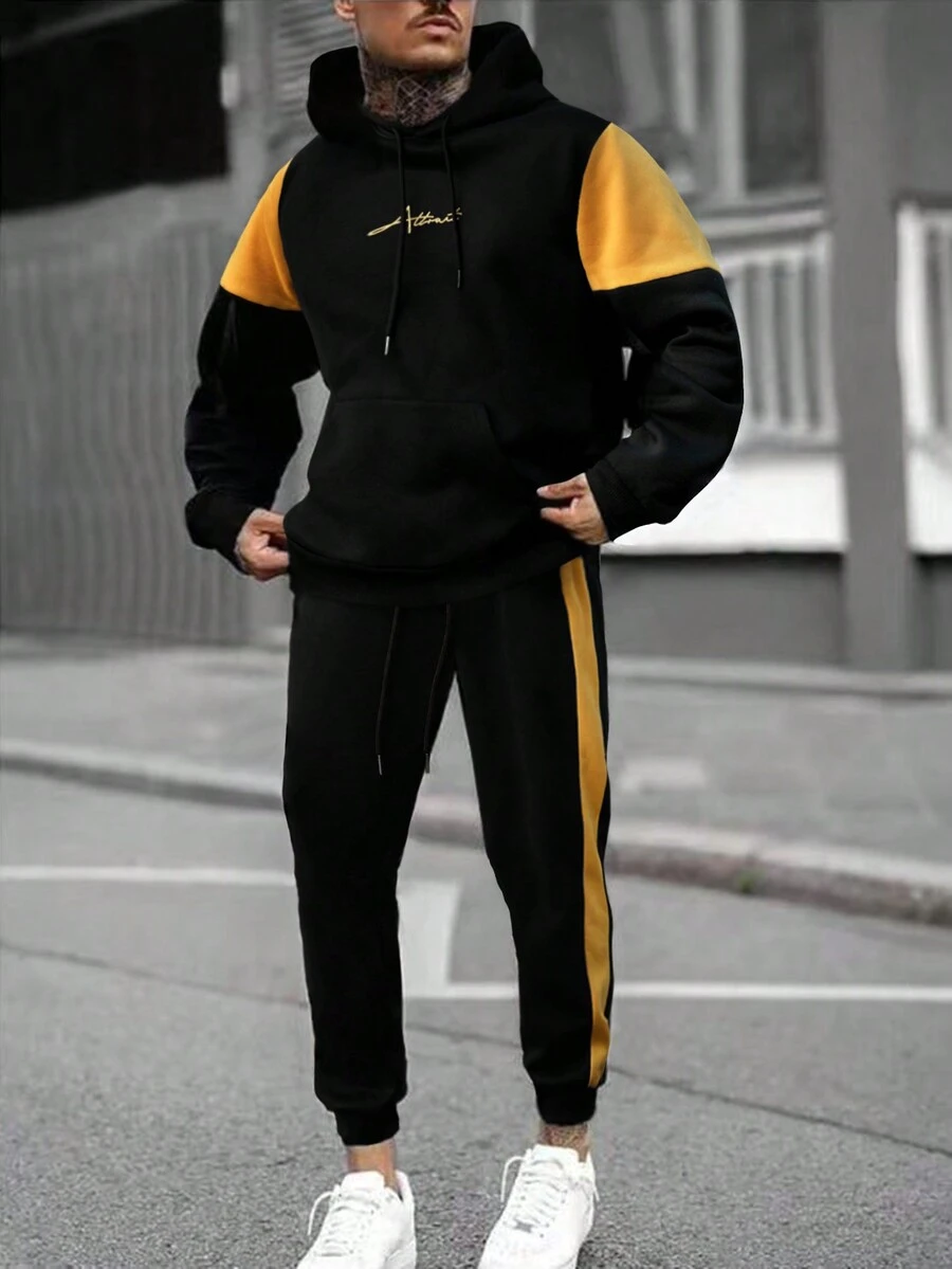 Manfinity Hypemode Men Letter Graphic Kangaroo Pocket Drawstring Hoodie & Sweatpants - Multicolor - View 1