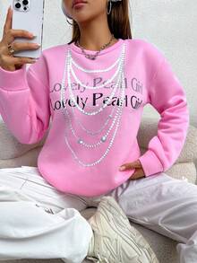 SHEIN Unity 毛衣上印有珍珠項鍊圖案 - 粉色 - 查看 4