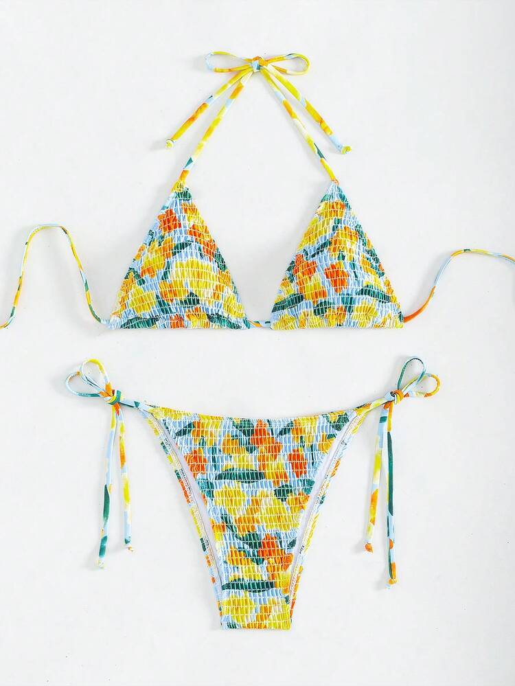 Women's Floral Printed Halter Neck Bikini Set Summer