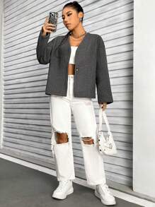 SHEIN Unity Của phụ nữ Thả vai Len Áo khoác - Màu xám đen - Xem 5