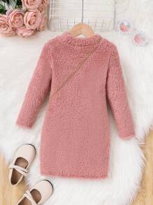 SHEIN Young Girl Solid Teddy Dress With Bag - Pink - View 2