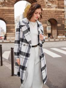 SHEIN Frenchy 落肩雙扣格子大衣 - 黑與白 - 查看 3