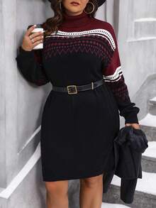 Calvaya 大碼幾何圖案落肩袖毛衣洋裝不附腰帶 - 彩色 - 查看 6