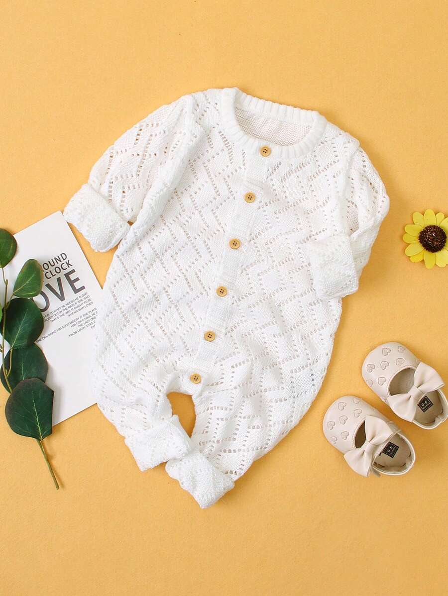 嬰兒鏤空針織前連結毛衣連身褲