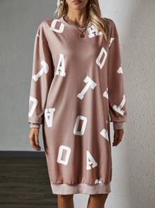 SHEIN Essnce Letter Graphic Drop Shoulder Split Hem Sweatshirt Dress - Khaki - View 3