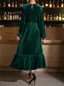 Allurite Màu thuần Nhung Đầm Với Tay áo đèn lồng Và Ruffled Hem - Màu xanh lá cây đậm - Xem 2