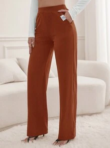 SHEIN Tall 字母拼接斜口袋褲子 - 鏽棕色 - 查看 1