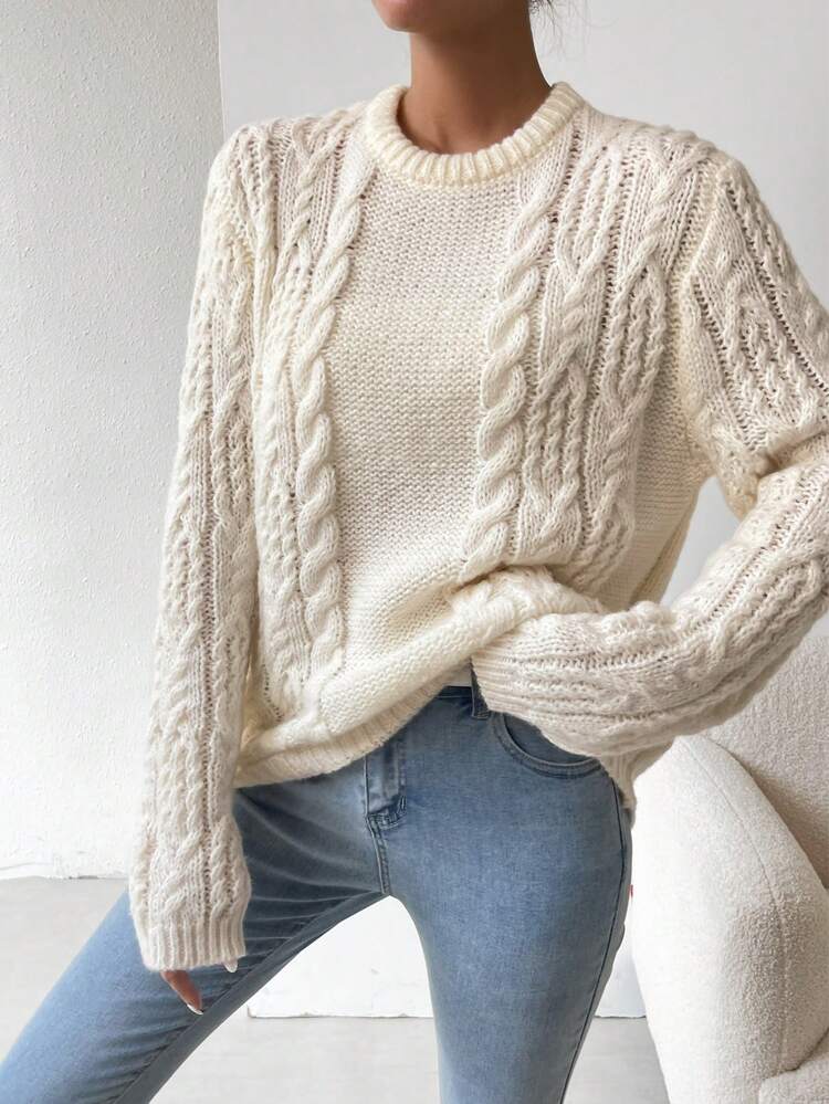 Chiquease Cable Knit Drop Shoulder Sweater Knit Pullover Fall Winter Outfit - Beige - View 6