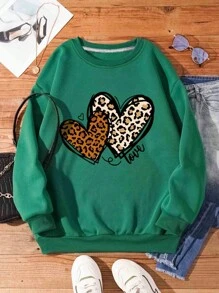 SHEIN LUNE 大碼豹紋Love心和字母圖案圓領運動衫 - 綠色 - 查看 1