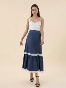 SHEIN Privé 撞色孔眼刺繡飾邊荷葉邊下擺半身裙 - 藏蓝色 - 查看 3