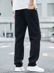 Manfinity Roghcode Jeans Con Letras Estampadas Desgastadas Para Hombre - Negro - Ver 2