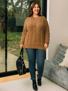 EMERY ROSE Plus Size Drop Shoulder Sweater Pullover - Brown - View 5