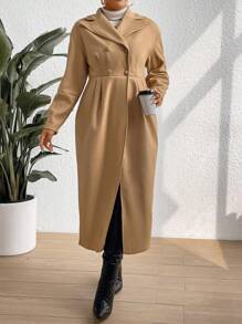 SHEIN Clasi Kích thước lớn DOUBLE-BREASTED Cổ áo tây Len Áo khoác - Màu Khaki - Xem 6