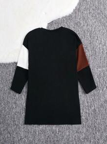 SHEIN Little Girls' Knitted Loose Fit Casual Dress With Color Block Round Neckline - Multicolor - View 2