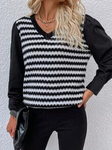 SHEIN LUNE Của phụ nữ Sọc Cổ chữ V Áo len - Đen và trắng - Xem 4