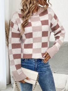SHEIN LUNE Plaid Pattern Drop Shoulder Knit Pullover Fall Winter Sweater - White - View 3