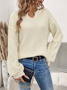 SHEIN LUNE Solid Color Notched Neckline Drop Shoulder Knit Pullover Fall Winter Sweater - Apricot - View 1