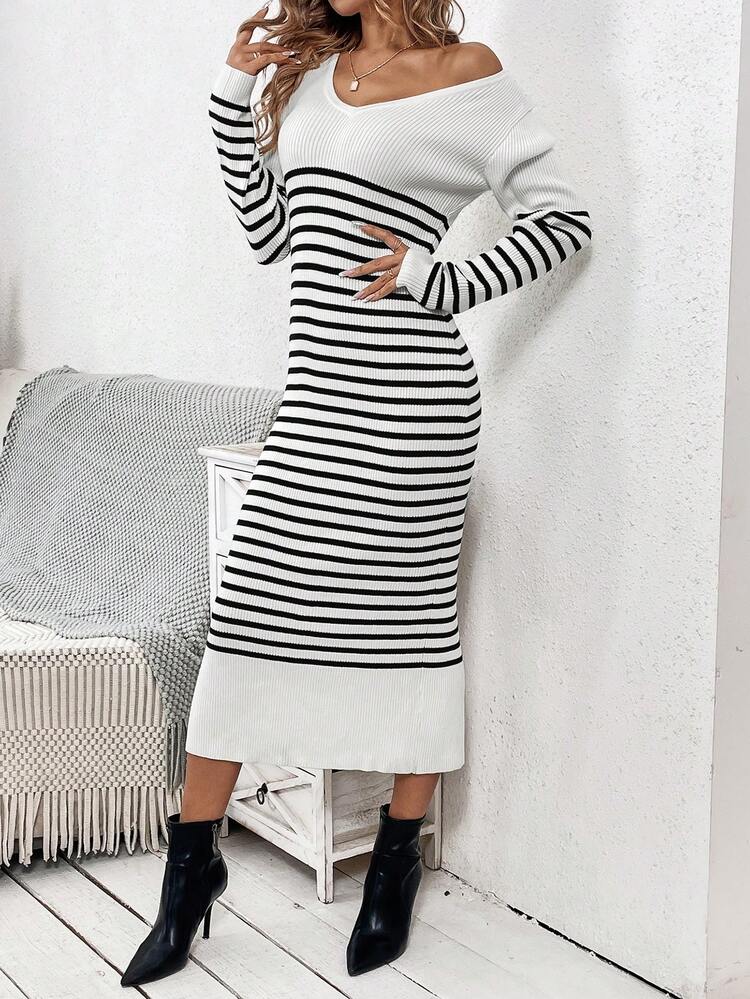 Striped Pattern Sweater Dress Fall Cloth For Women