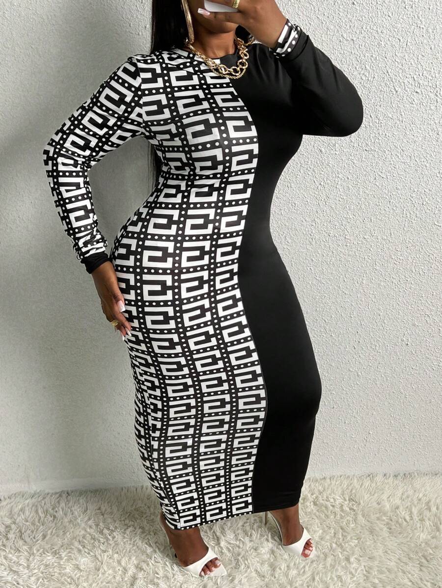 Slaydiva Plus Size Women's Fashionable Printed Patchwork Slim Fit Long Dress With Long Sleeves, Spring - Black - View 1