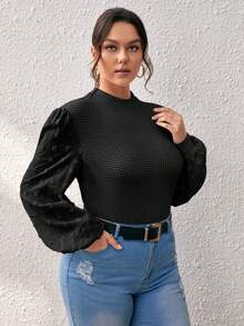 SHEIN Frenchy Plus Swiss Dot Lantern Sleeve Mock Neck Top - Black - View 3