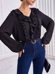 SHEIN Privé 女款v領荷葉邊裝飾氣球袖上衣 - 黑色 - 查看 4