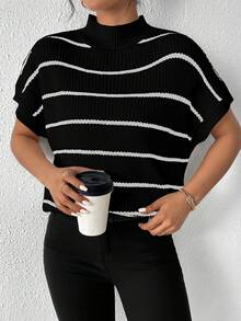 SHEIN Frenchy Women's Striped Knitted Sweater Top - Black - View 6