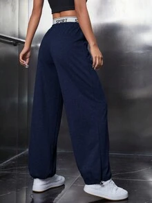 SHEIN PETITE Letter Graphic Contrast Tape Waist Sweatpants - Navy Blue - View 2