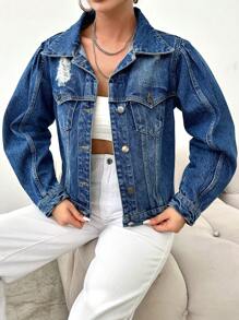 RueChic Women's Casual Distressed Denim Jacket - Blue - View 1