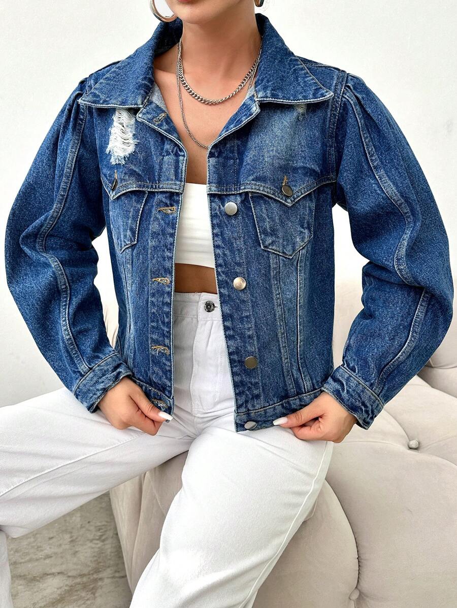 RueChic Women's Casual Distressed Denim Jacket - Blue - View 1