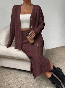 SHEIN Essnce Knitted Cable Cardigan And Skirt Two Piece Set - Coffee Brown - View 3