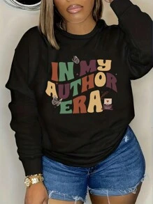 INAWLY Plus Size Women's Letter Printed Fleece Sweatshirt - Black - View 1