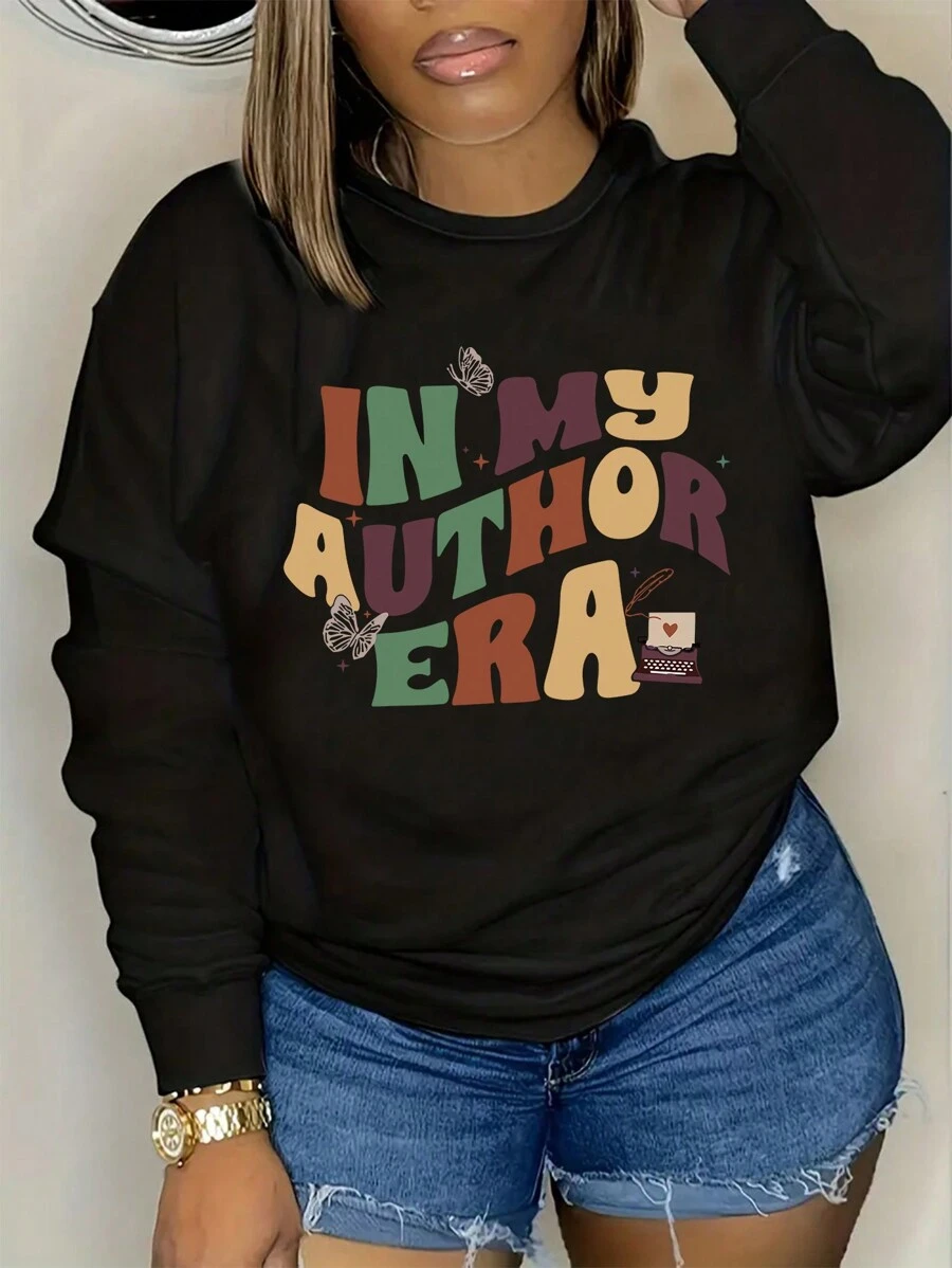 INAWLY Plus Size Women's Letter Printed Fleece Sweatshirt - Black - View 1