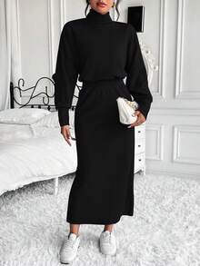 SHEIN Frenchy Của phụ nữ Cổ cao Màu thuần Thả vai Tay áo Áo thun Và Váy - màu đen - Xem 3