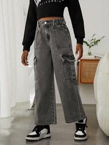 Tween Girl Street Style Distressed Washed Out Wide Leg Utility Jeans With Multiple Pockets - Black - View 3
