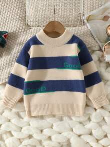 SHEIN Young Boy Striped & Letter Pattern Sweater - Blue - View 1