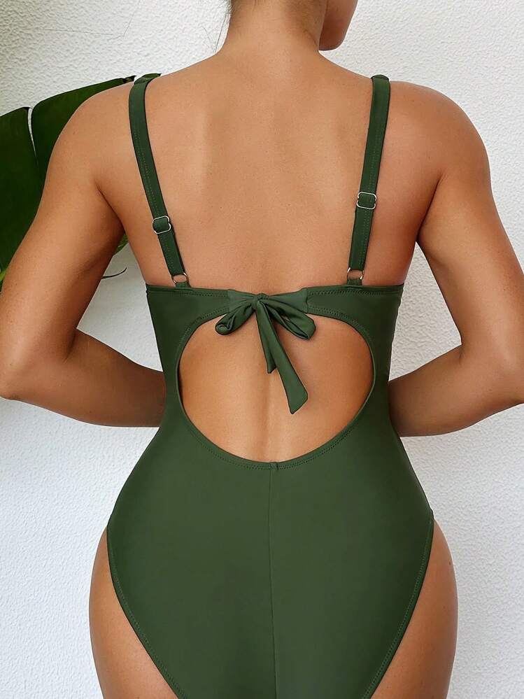 SHEIN Swim Traje De Baño De Una Pieza Sencillo De Color Sólido Para Mujer Con Hebilla En La Cintura - Verde militar - Añade 2