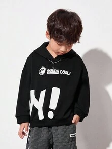 SHEIN 男童字母印花連帽衛衣 - 黑色 - 查看 4